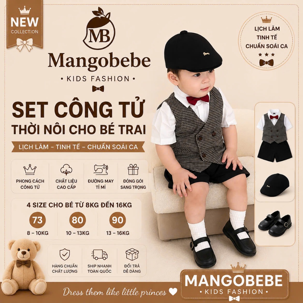 Set đồ bé trai form công tử, áo sơ mi gile quần short cao cấp- MANGOBEBE