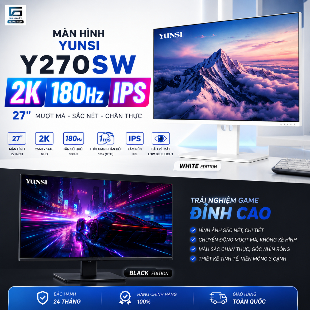 Màn Hình Yunsi Y270SW 27 inch Phẳng (QHD 2K, 180Hz, 1ms, DP+HDMI) Bảo hành 24 Tháng