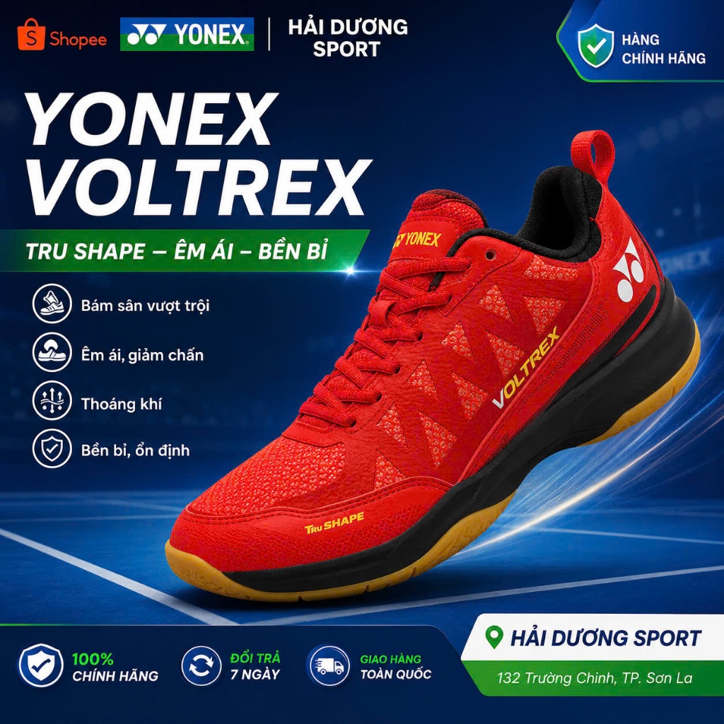Giày Cầu Lông Yonex Voltrex Chính Hãng - Đỏ Đen Vàng - Đế Bám - Chống Lật Cổ Chân - Giá Học Sinh Sin