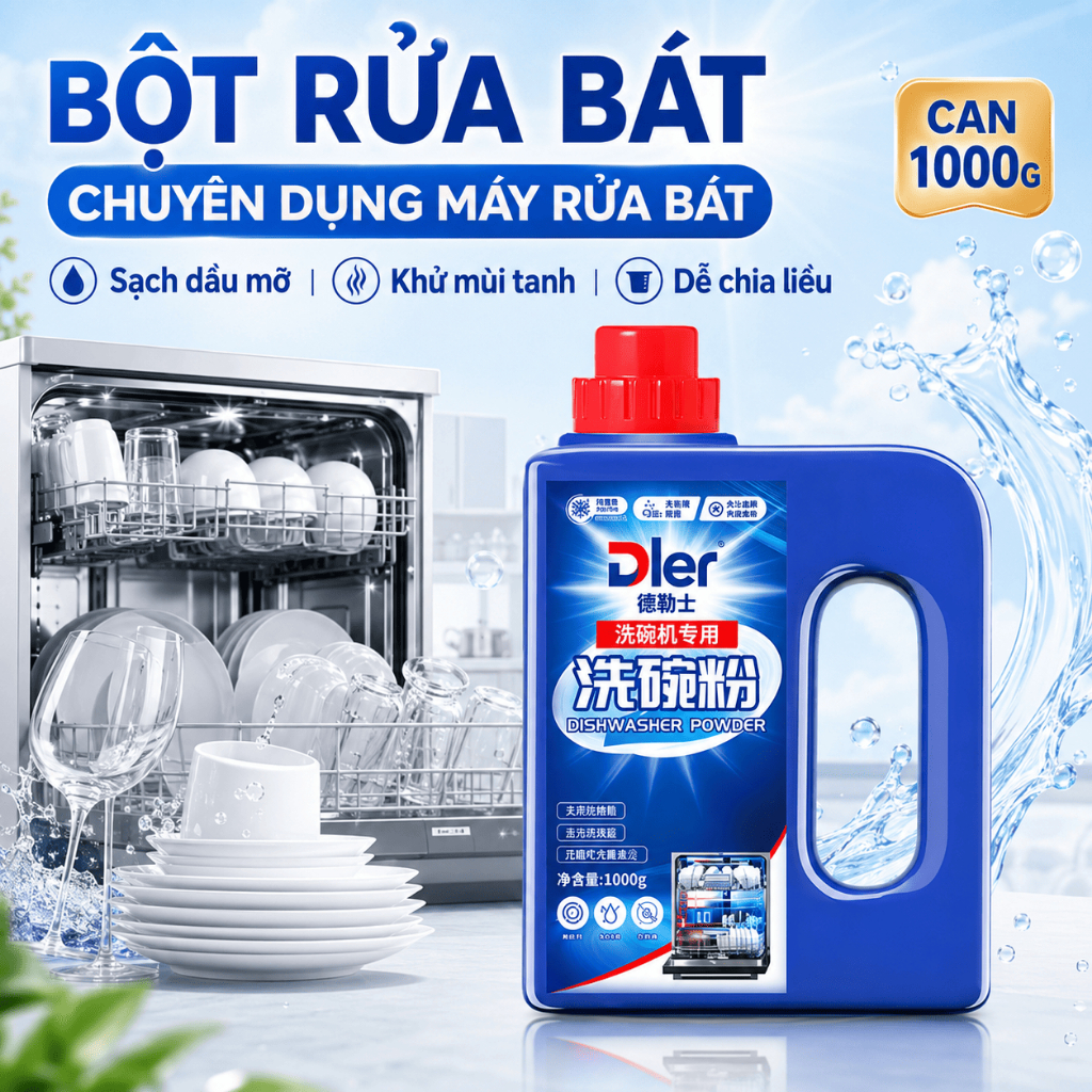 Bột Rửa Bát Máy Rửa Bát Dler 1000g Dạng Bột Dễ Chia Liều, Làm Sạch Dầu Mỡ, Giảm Mùi Bám