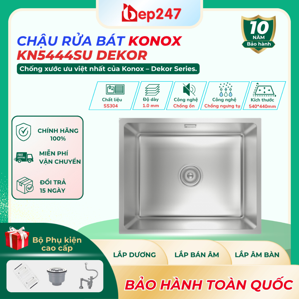 Chậu Rửa Bát Inox 304 Konox KN5444SU Dekor 1 Hố Chống Xước Cao Cấp Lắp Âm/Bán Âm Kèm Siphon