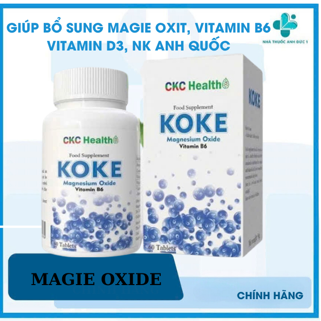 KOKE Magnesium Oxide Vitamin B6 CKC Health – Bổ Sung Magie Oxit, Vitamin B6, Vitamin D3. Lọ 60 Viên.