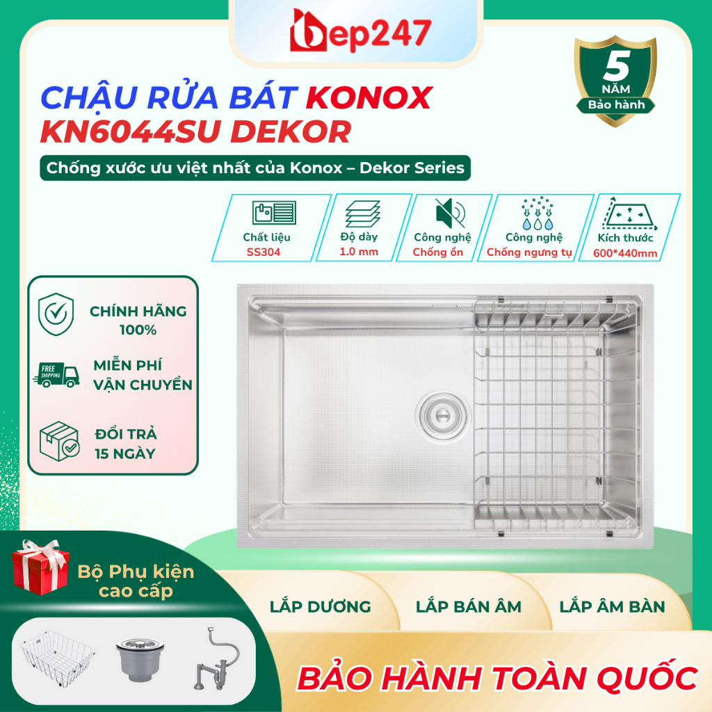 Chậu Rửa Chén Konox KN6044SU Dekor Cao Cấp Inox 304 1 Hố Workstation Chống Xước