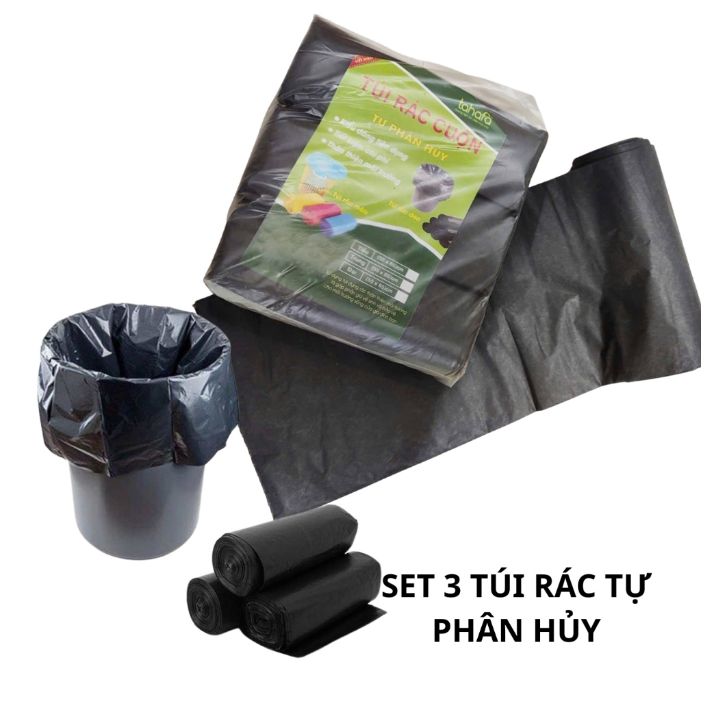Combo 2 Bịch Túi Rác, Bịch 3 Cuộn Túi Rác Tự Phân Hủy - Bao Rác Đen Kích Thước Lớn 55*65 cm