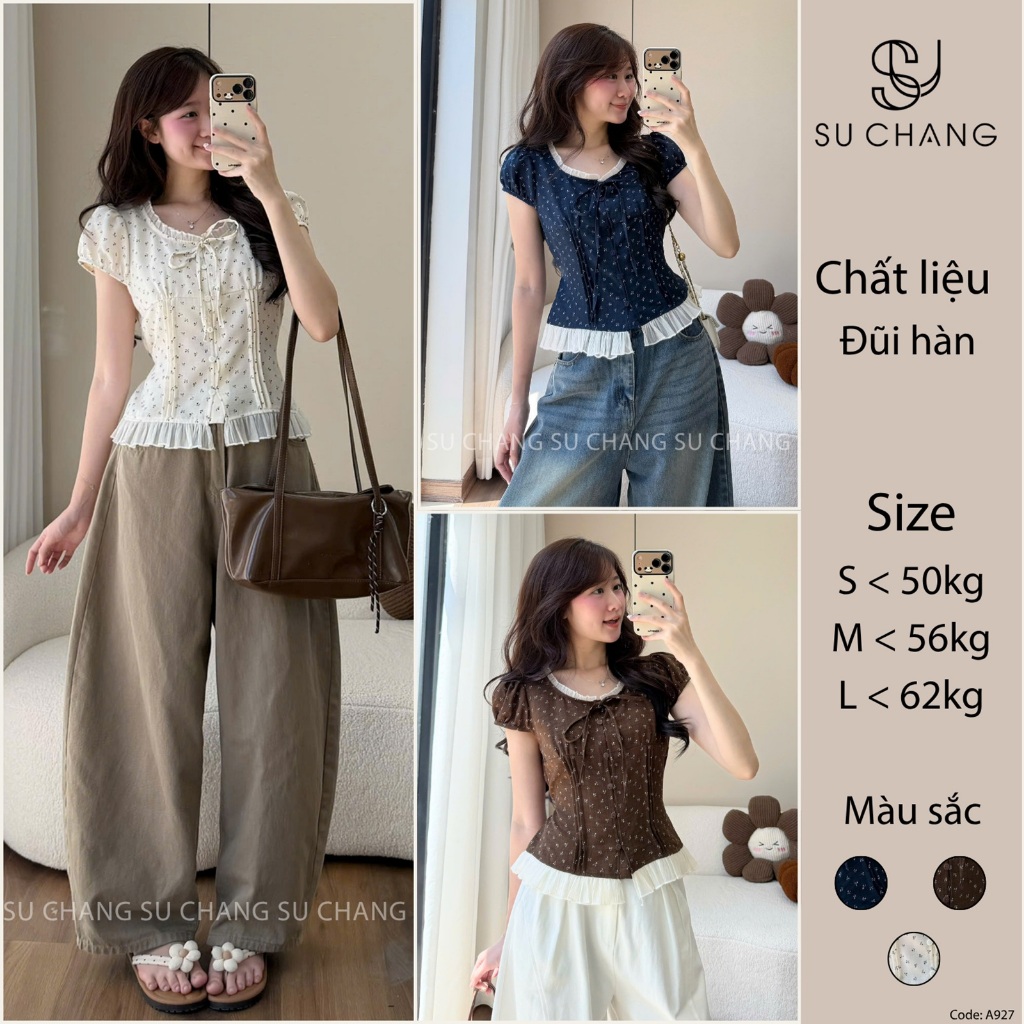 Áo Babydoll Hoa Nhí Phối Viền Tơ Bèo Cổ Nơ A927 Su Chang Thời Trang Nữ | BigBuy360 - bigbuy360.vn