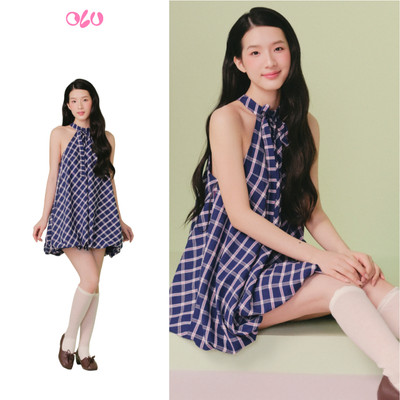 Đầm yếm OLV dáng bí bồng bềnh Blue Checked Halter Neck Puff Mini Dress dễ thương phù hợp đi chơi