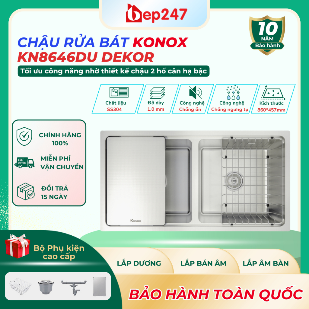 Chậu Rửa Bát Konox KN8646DU Dekor 2 Hố Inox 304 Chống Xước Workstation Lắp Âm Cao Cấp