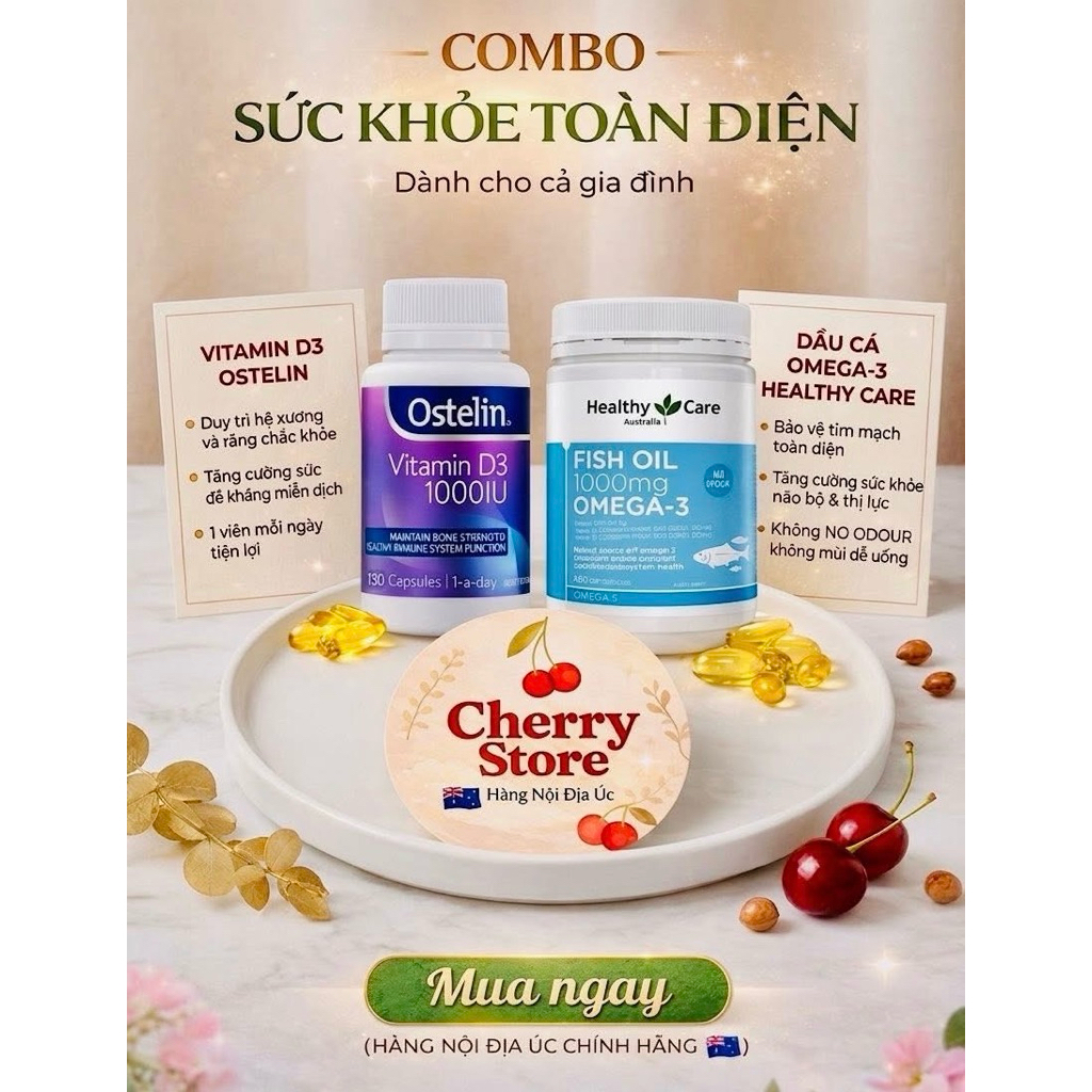 (Bill Úc) Combo Vitamin D3 Ostelin 130 Viên + Healthy Care Fish Oil Omega 3 1000mg 400 Viên | Hàng N