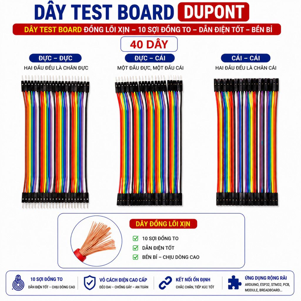 Dây kết nối dây test board dupont dây jumper Đực-Đực Đực-Cái Cái-Cái 20cm 40 Dây Lõi Đồng Xịn Cho Ar