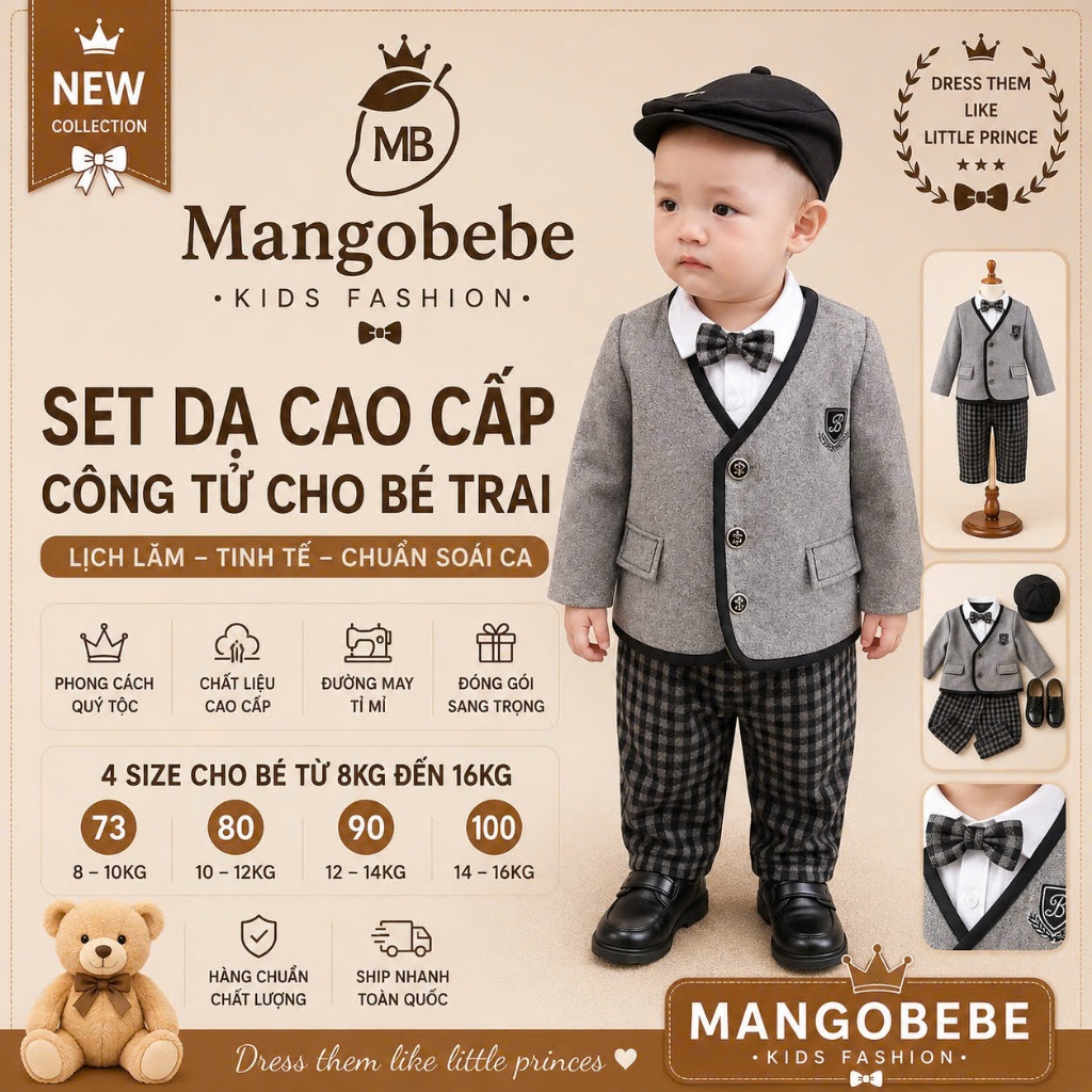 (CAO CẤP)Bộ Công Tử 4CT Bé Trai Kèm Nơ – Set Công Tử Trẻ Em Lịch Lãm Đi Tiệc -MANGOBEBE