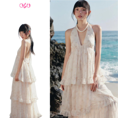 Váy maxi OLV hoa nhí cổ yếm Ivory Fleur Chiffon Halter Tiered Maxi Dress phù hợp mùa hè đi chơi biển