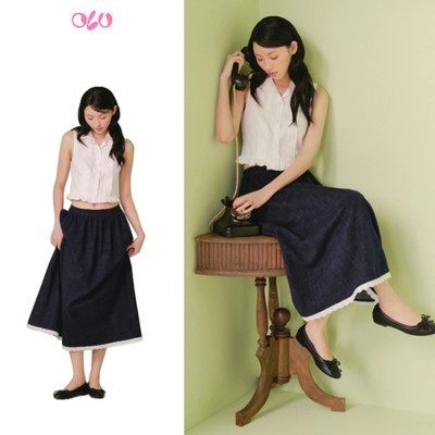 Chân váy OLV dáng dài Navy Denim Trim Skirt thanh lịch phù hợp đi làm đi chơi