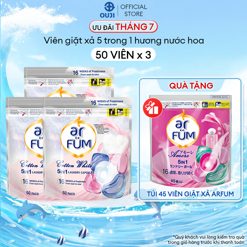 Combo 3 Túi Viên giặt Quần áo arFUM 5 trong 1 tinh dầu nước hoa, khử khuẩn 99% - 4 mùi hương (túi 50