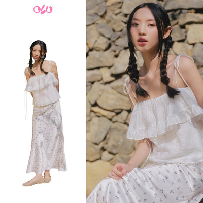 Áo 2 dây OLV White Muslin Cami Ruffled Top phù hợp đi chơi đi biển