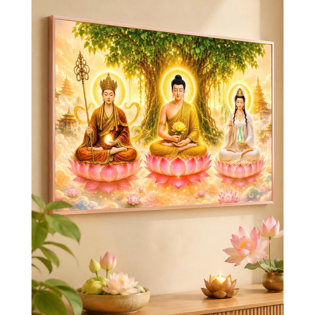 Tranh Phật - Ta Bà Tam Thánh - Tranh treo tường cán gỗ , khung viền titan cao cấp - CZ1
