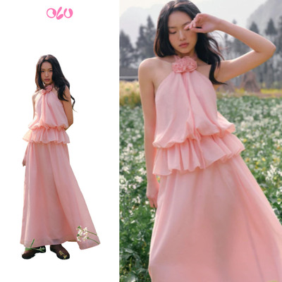 Set đồ nữ OLV Pink Halter Ruffled Maxi phù hợp mùa hè đi chơi đi biển