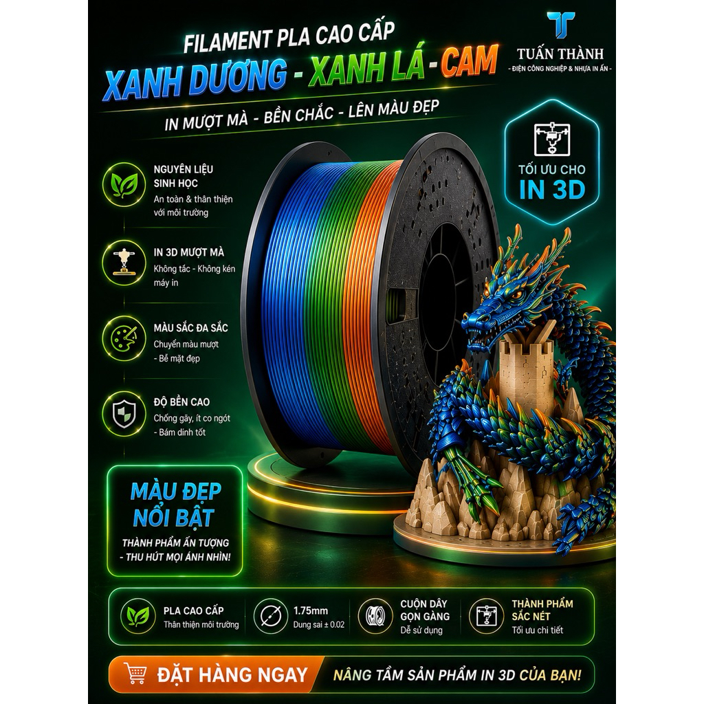 Nhựa PLA Silk KINGROON 3 Màu Xanh Dương - Xanh Lá - Cam