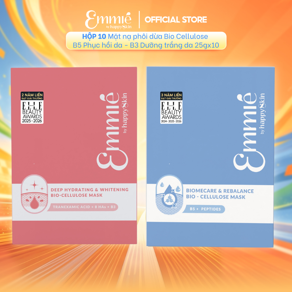 [LIVE] HỘP 10 Miếng Mặt nạ phôi dừa Bio Cellulose B5 Phục hồi B3 Dưỡng trắng 25gx10 Emmie by Happysk