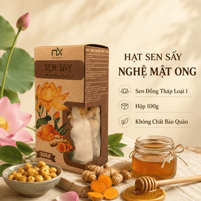 Hộp Hạt Sen Sấy Nghệ Mật Ong, Sen Đồng Tháp Loại 1, Nông Sản Chọn Lọc, Không Chất Bảo Quản, Hộp 100g