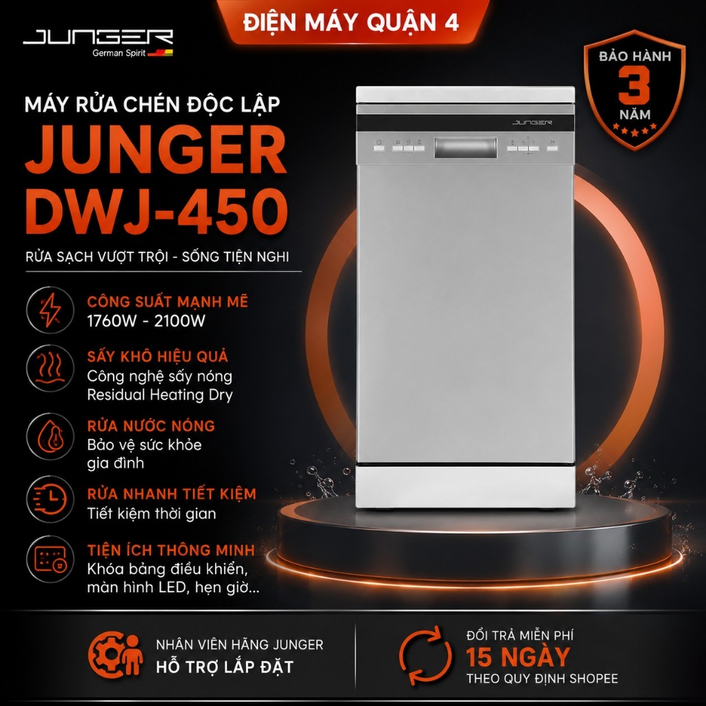 Máy Rửa Chén Độc Lập Junger DWJ-450 Sấy Nóng Residual Heating 10 Bộ Bảo Hành 3 Năm