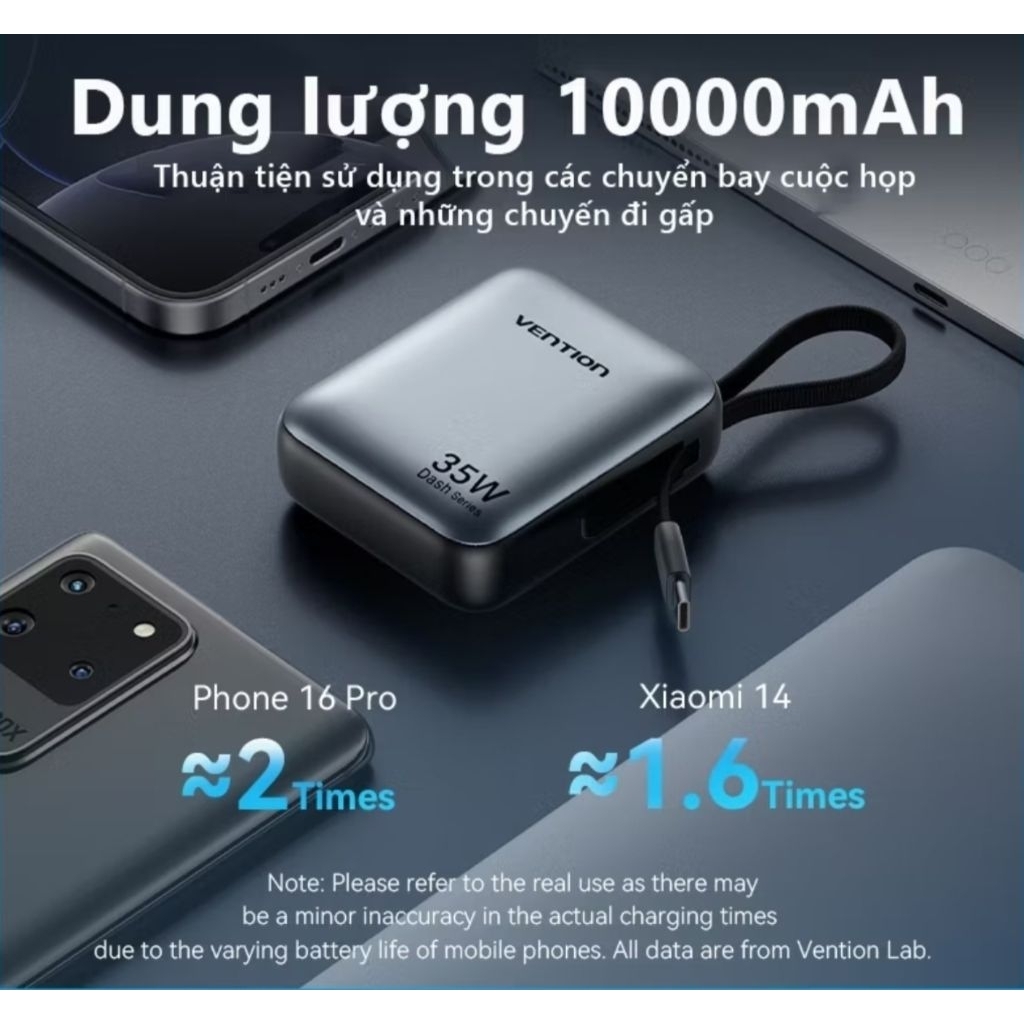 Sạc Dự Phòng 10000mAh 35W Vention Tích Hợp Cáp USB-C, Thiết Kế Nhỏ Gọn
