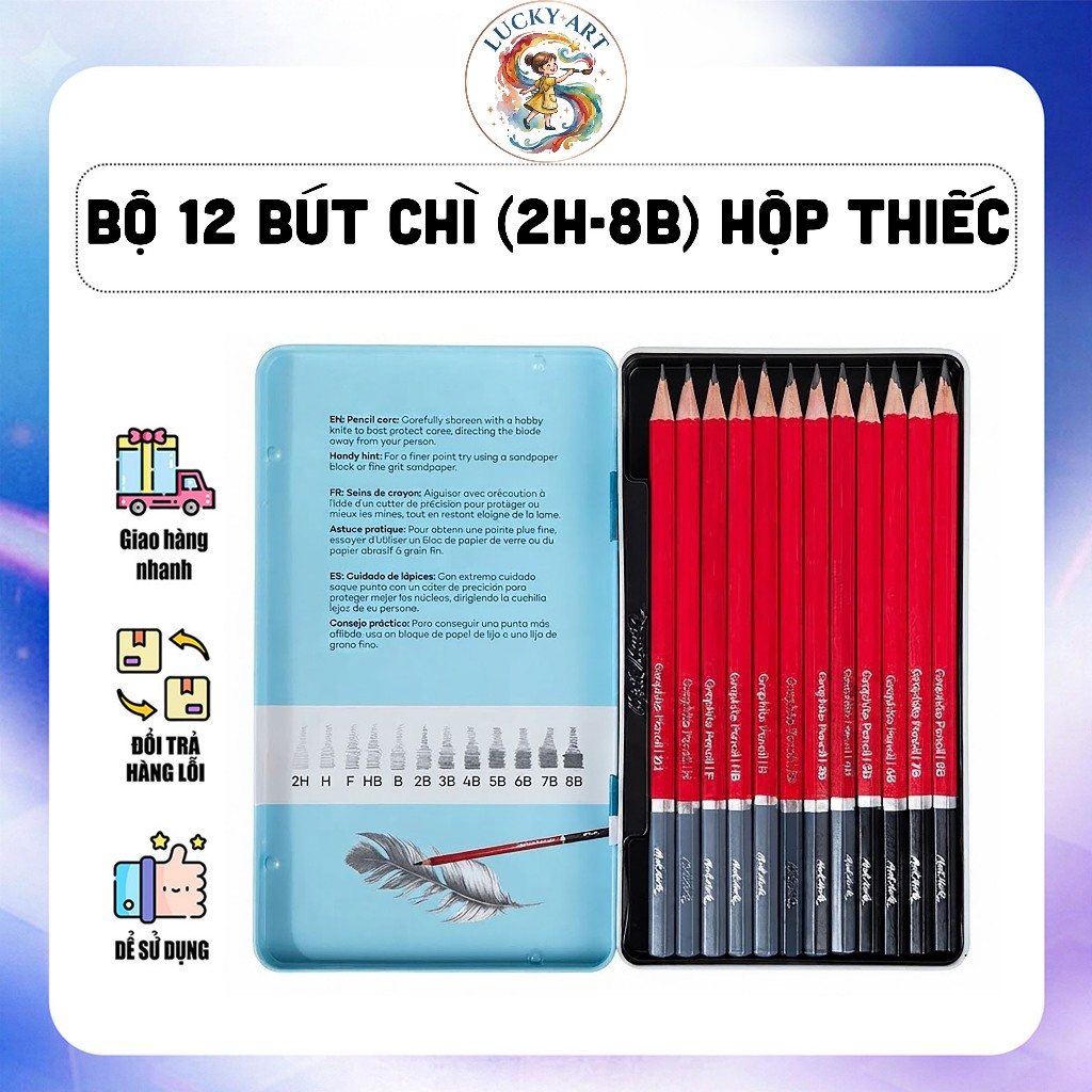Bộ 12 Bút Chì (2H-8B) Hộp thiếc- Graphite Pencils Signature 12pc - MONT MARTE