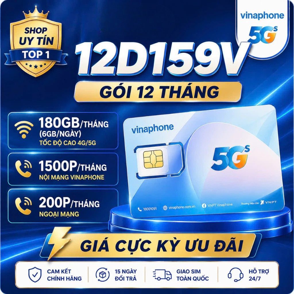 Sim Data 4G/5G Vinaphone 1 Năm 12D159V -  8GB/Ngày MIỄN PHÍ 1500 PHÚT NỘI MẠNG, 200P NGOẠI MẠNG