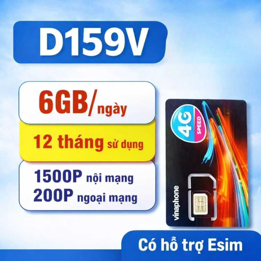 SIM Vinaphone D159V 12 Tháng - 6G/Ngày, 200 Phút Ngoại Mạng, 200 SMS, Dùng 4G/5G Siêu Tốc