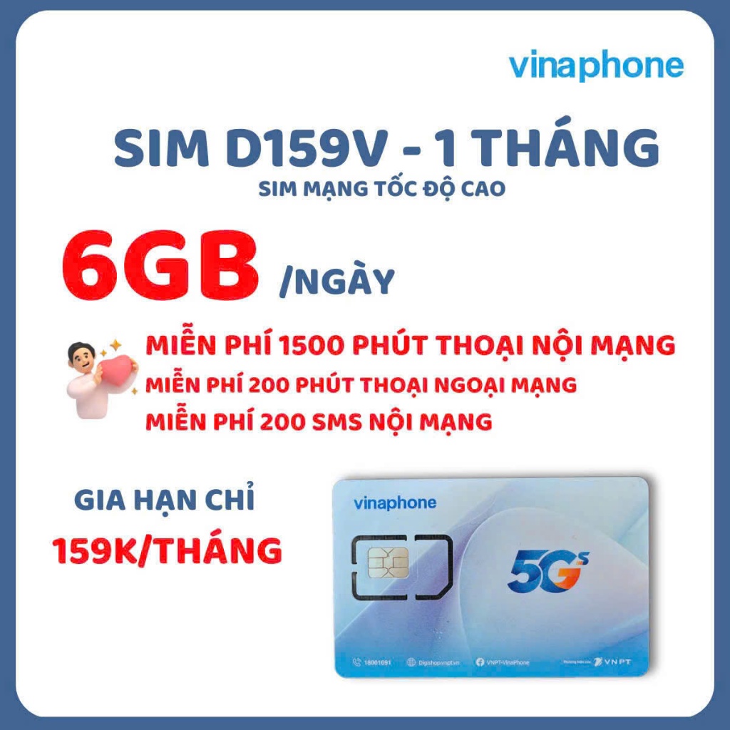 SIM 5G VINAPHONE D159V siêu khủng 180gb/tháng gọi nội mạng miễn phí 200P NGOẠI MẠNG