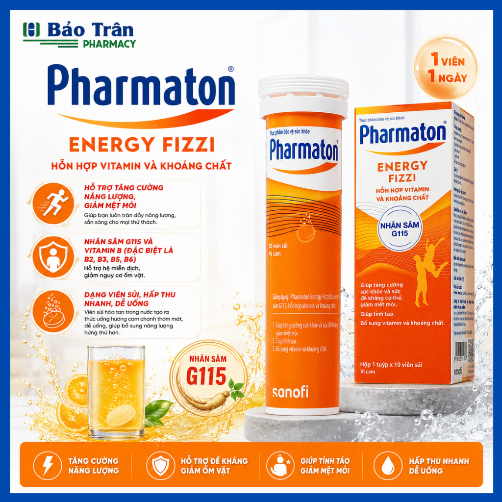 Pharmaton Energy Fizzi – Tuýp 10 Viên Sủi Thực Phẩm Bảo Vệ Sức Khỏe