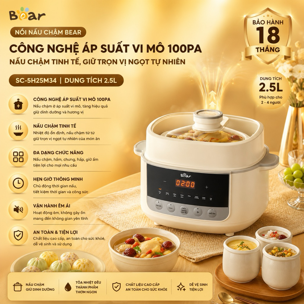 Nồi Nấu Chậm Bear SC-5H25M34 2.5L Kèm Xửng Hấp 5 Thố Sứ Hầm Cháo Chưng Yến Bảo Hành 18 Tháng