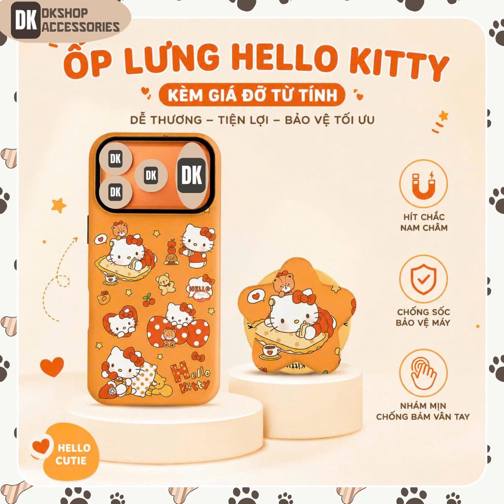 Ốp Lưng IP Từ Tính Hello Kitty Cam Kèm Popsocket Ngôi Sao - Chống Sốc | DKshop