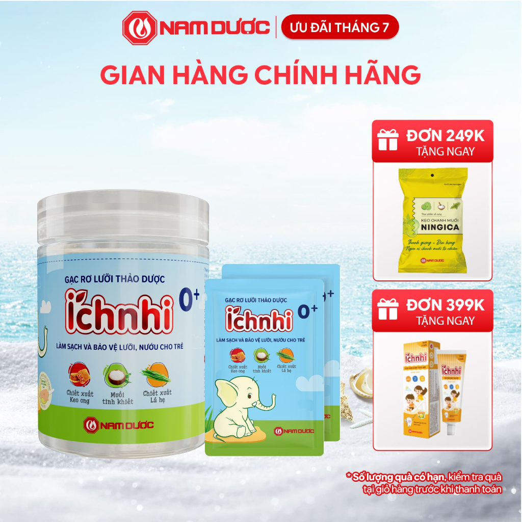 Gạc rơ lưỡi thảo dược Ích Nhi 0+ Hộp 30 gói, gạc rơ lưỡi cho bé, làm sạch nướu, răng miệng