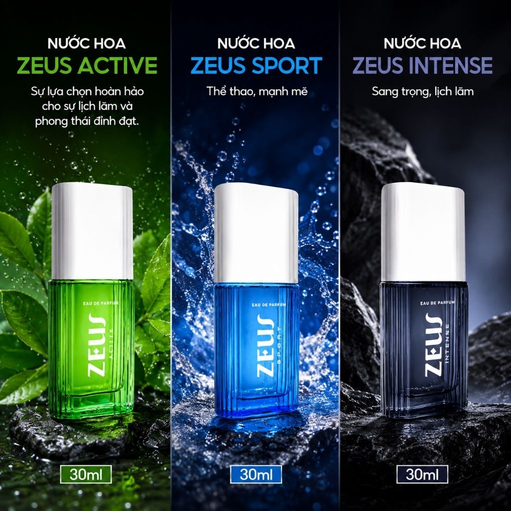 Nước Hoa Nam ZEUS 3 mùi hương Active / Sport / Intense 30ml