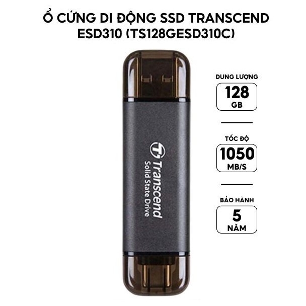 Ổ cứng di động SSD ESD310 USB và TypeC 128GB Transcend đọc 1050MB/s ghi 990MB/s