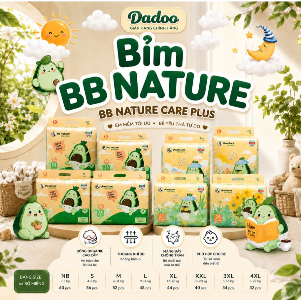 [ Tã/Bỉm BB NATURE ] Combo 2 Bịch dùng một lần - đủ size Quần và Dán cho bé