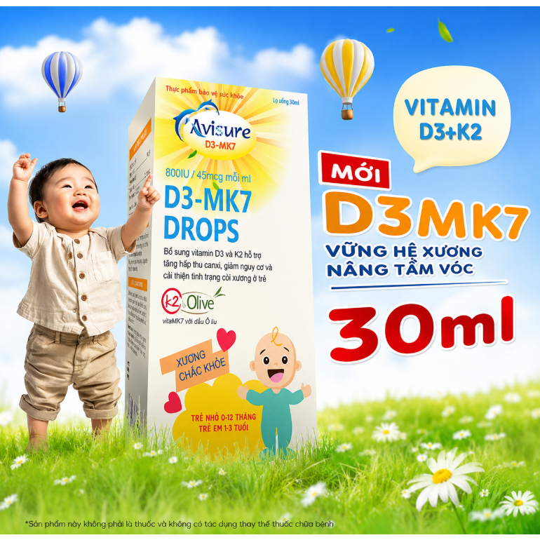 [ 30ml ]  -  AVISURE Vitamin D3 K2 tinh khiết Italia Avisure D3MK7 giúp bé cao lớn, ngủ ngon