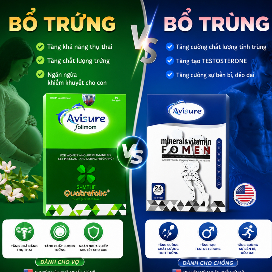 Bộ đôi bổ trứng - bổ trùng Avisure Folimom - Fomen hỗ trợ sinh sản cho cặp đôi 30 viên