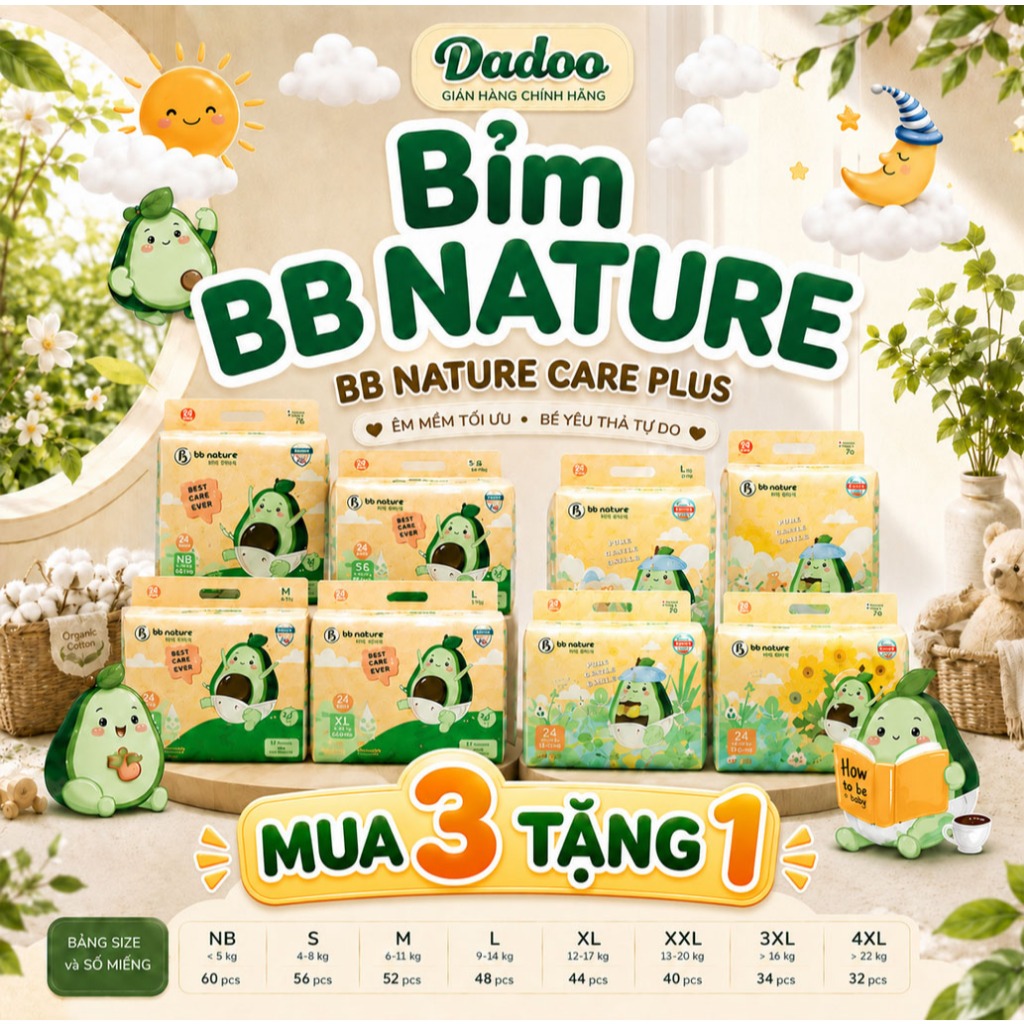 [ Tã/Bỉm BB NATURE ] Combo 1 Bịch dùng một lần - đủ size Quần và Dán cho bé - Tặng 1 bịch