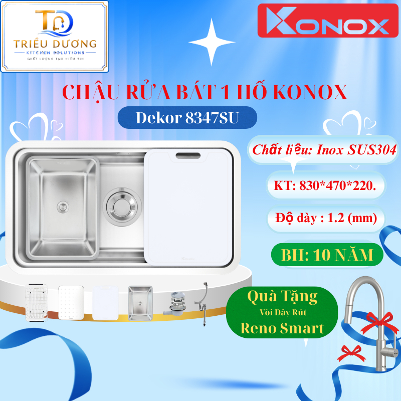 { TẶNG VÒI DÂY RÚT } CHẬU RỬA CHÉN BÁT 1 HỐ Konox DEKOR 8347SU Bề mặt tạo hạt Linen (chống xước)