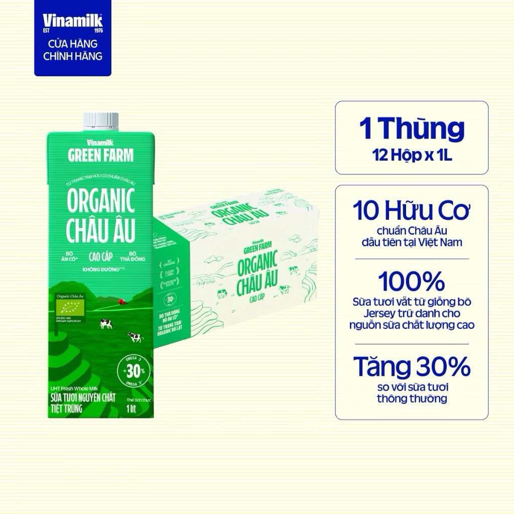 [CHÍNH HÃNG] Thùng 12 hộp Sữa Tươi Tiệt Trùng Vinamilk Green Farm Organic Châu Âu 1L