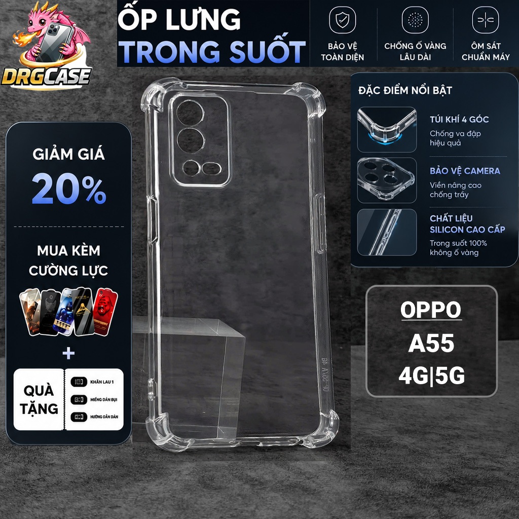 Ốp lưng Oppo A55 4G, A55 5G Dragoncase trơn trong suốt | Ốp điện thoại Oppo dẻo bảo vệ camera đt toà