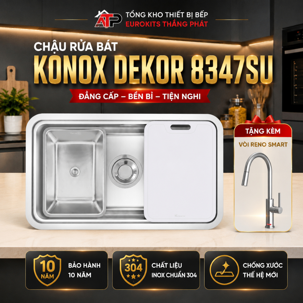 [TẶNG VÒI] Chậu rửa bát inox 1 hố chống xước Konox DEKOR 8347SU - Bảo hành 10 năm
