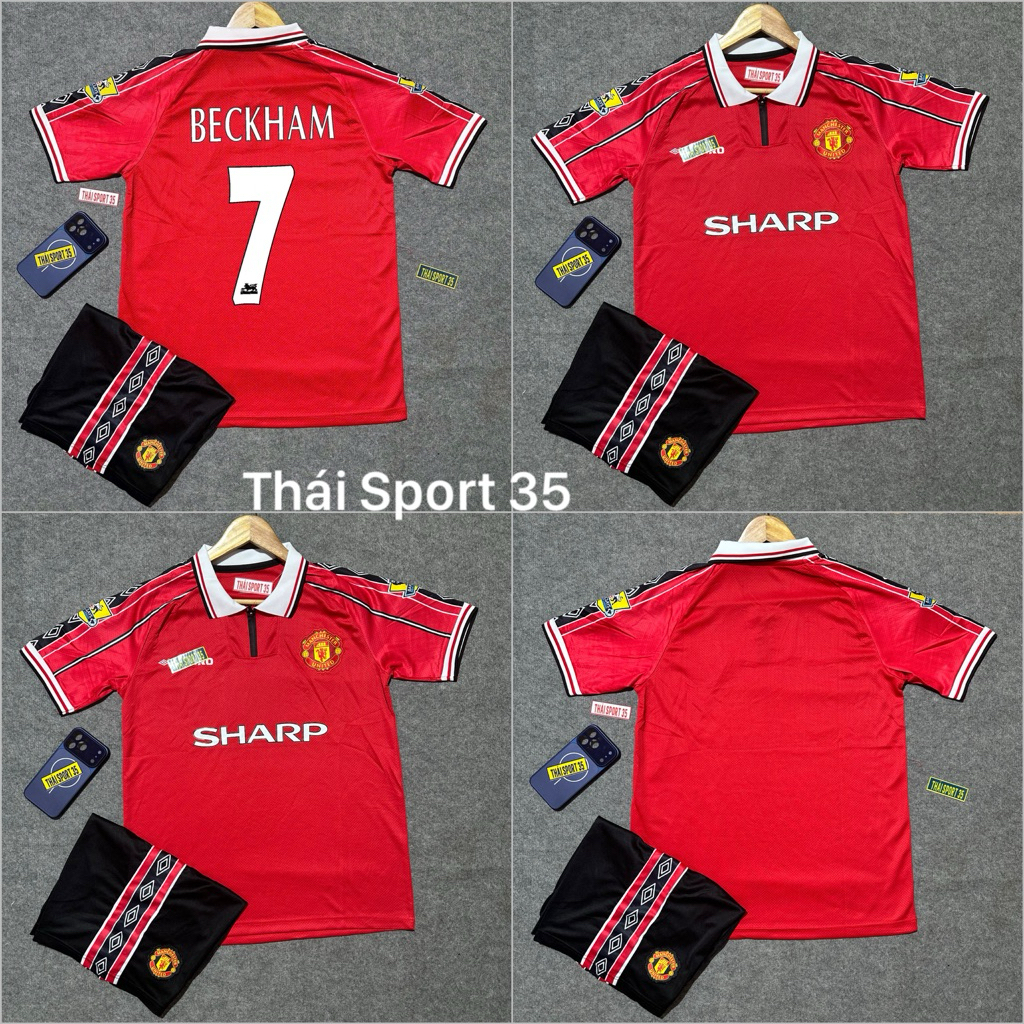 Bộ Quần Áo Bóng Đá CLB Manchester United 1999, Áo Đá Banh MU Retro - Vải Polyester Gai Thái Cao Cấp