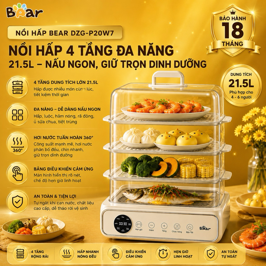 Nồi Hấp Bear DZG-P20W7 21.5L 4 Tầng Đa Năng Hấp Gà Hải Sản Bánh Bao Inox BH 18 Tháng