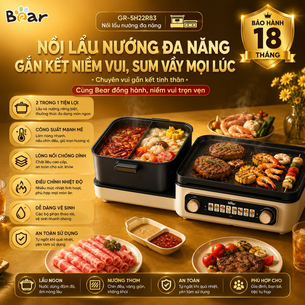 Nồi Lẩu Nướng Bear GR-5H22R83 2 Trong 1 4L 2100W Điều Chỉnh 2 Vùng Nhiệt BH 18 Tháng