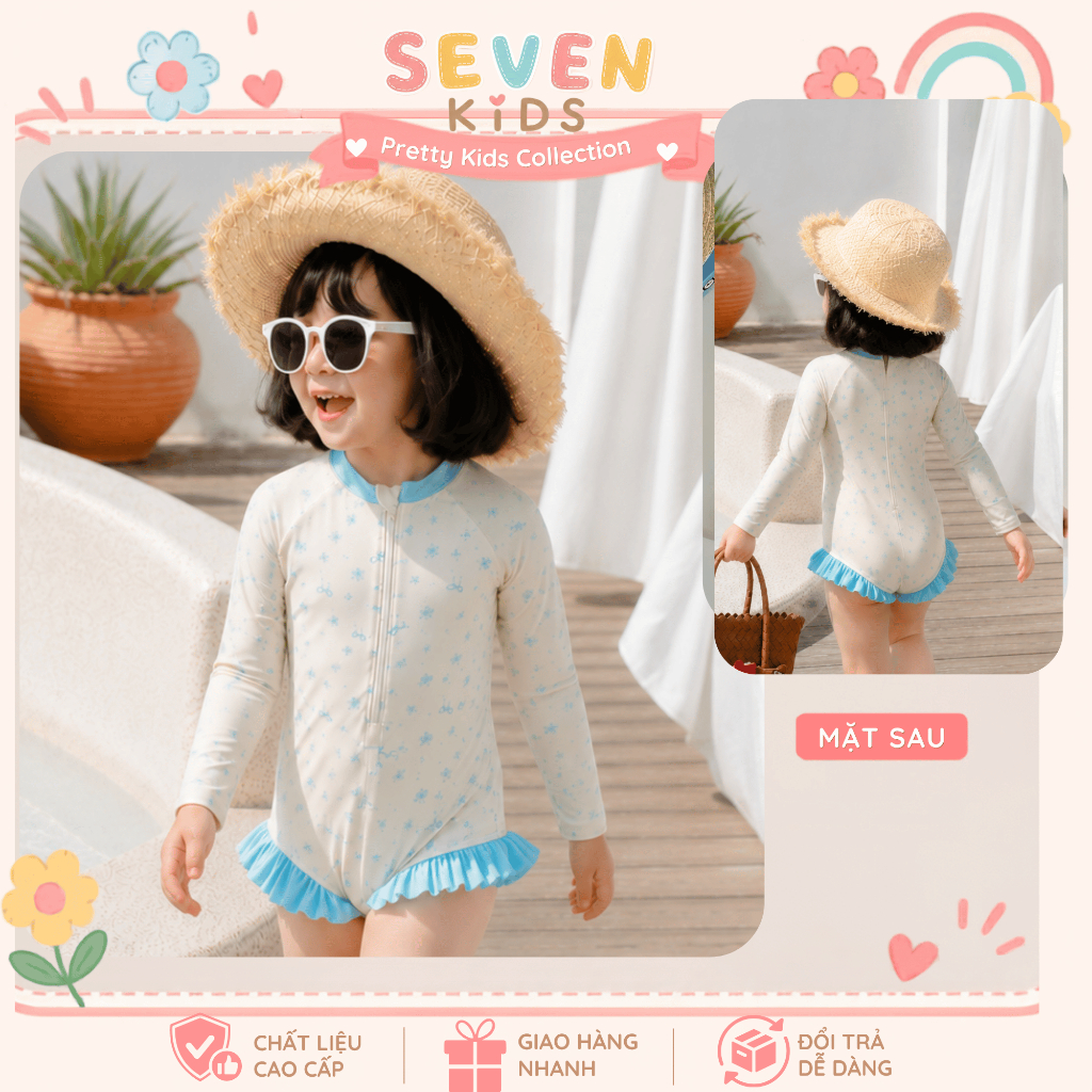 Đồ bơi bé gái liền thân tay dài chống nắng họa tiết hoa nhí, đồ bơi trẻ em phối bèo dễ thương cho bé