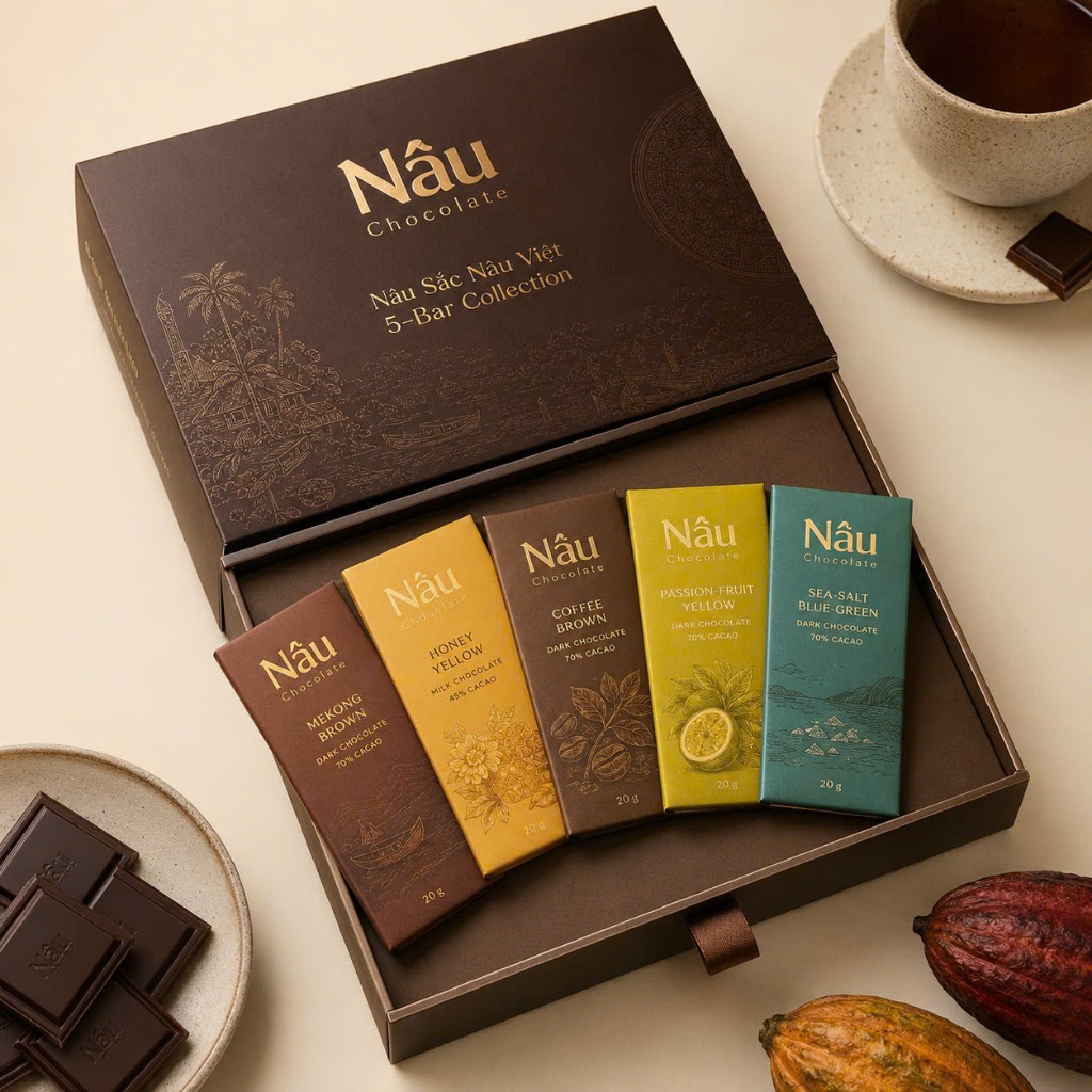 Nâu Chocolate | Hộp Socola 5 Vị: Mekong , Mật Ong , Cà Phê Sữa, Chanh Dây Nibs, Điều Muối Biển