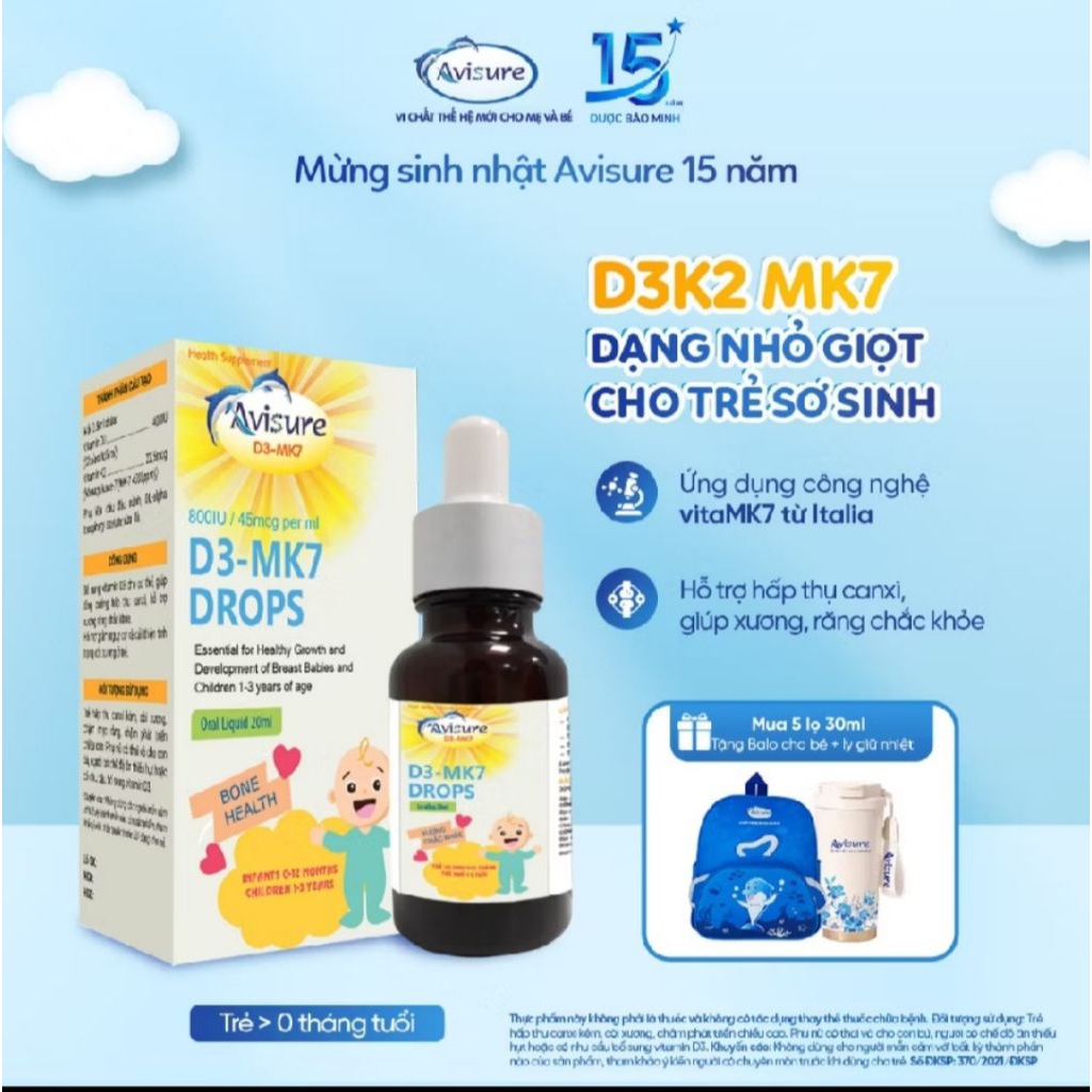 Avisure D3 MK7 Drops Hỗ Trợ Tăng Hấp Thụ Canci, Chắc Xương Răng.