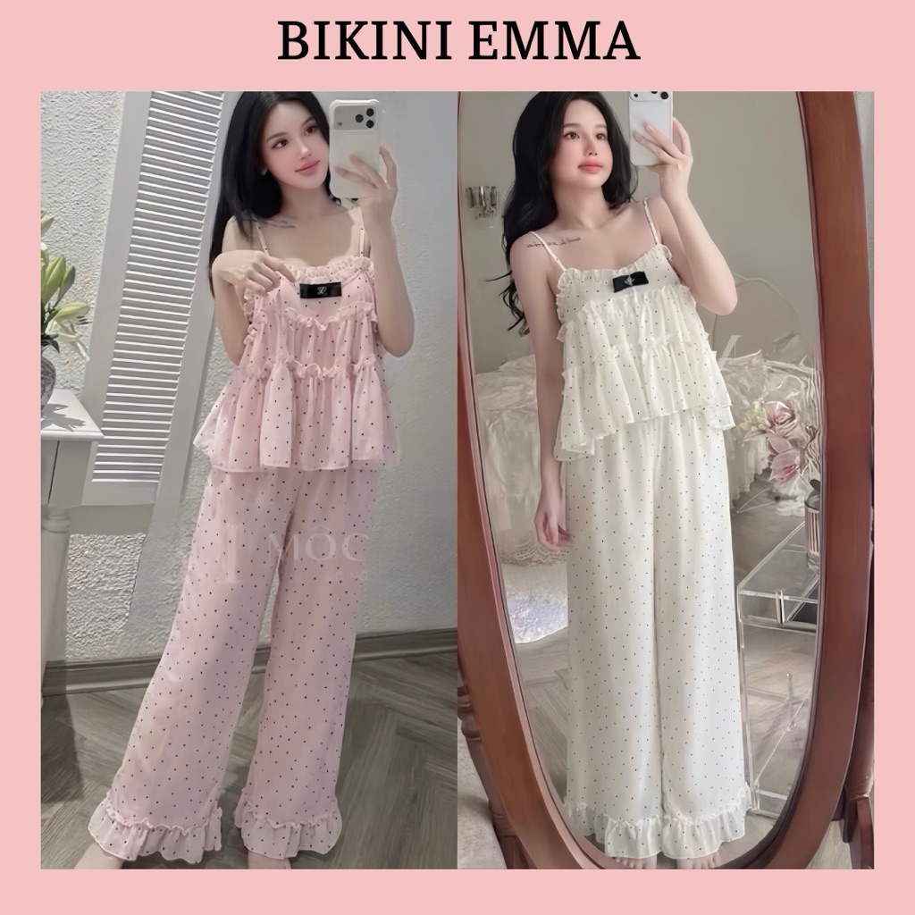 TP29 EMMA Đồ Ngủ Mặc Nhà, Đi Chơi Chấm Bi Nhỏ Voan Mềm 2 Dây Kèm Nơ Sang Trọng